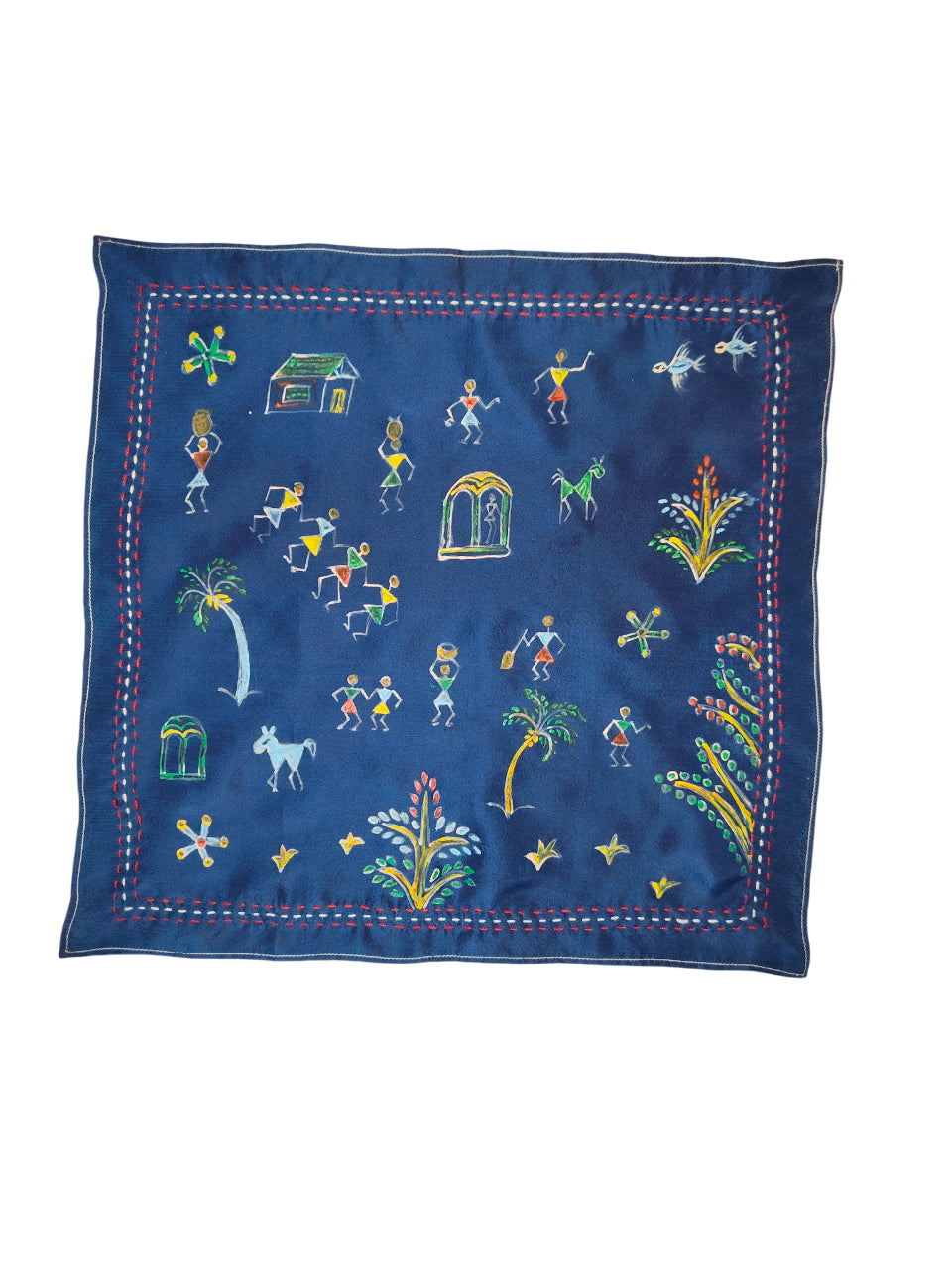 Handpainted Warli Art Pocket Square –Navy blue with Sujni Border